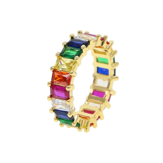 RAINBOW BAGUETTE CUT BAND RING - Fashion Look