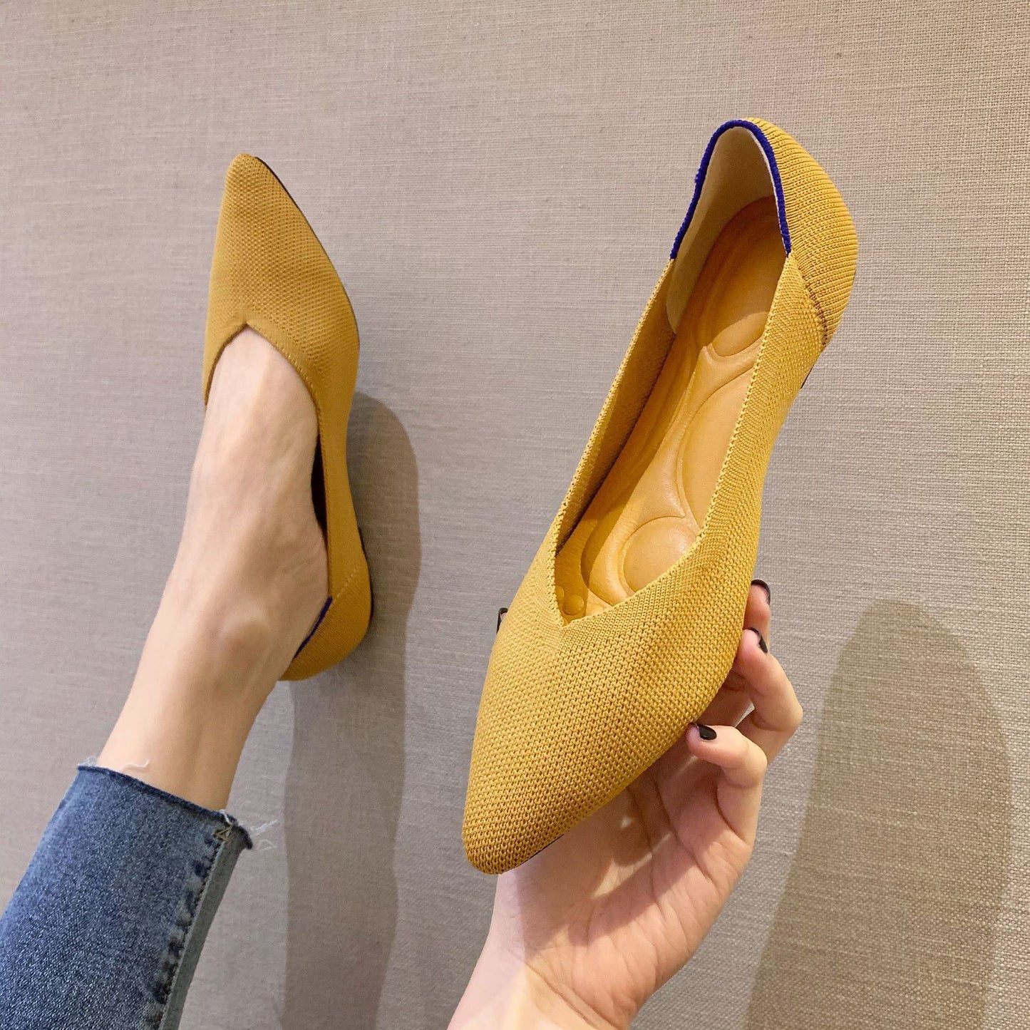 Shallow Mouth Flying Knit Shoes Pointed Toe Flat Knit Egg Roll Shoes - Fashion Look